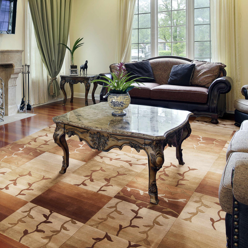 Beige and brown hand-knotted rug with patchwork blocks and vine motif, in a living room.