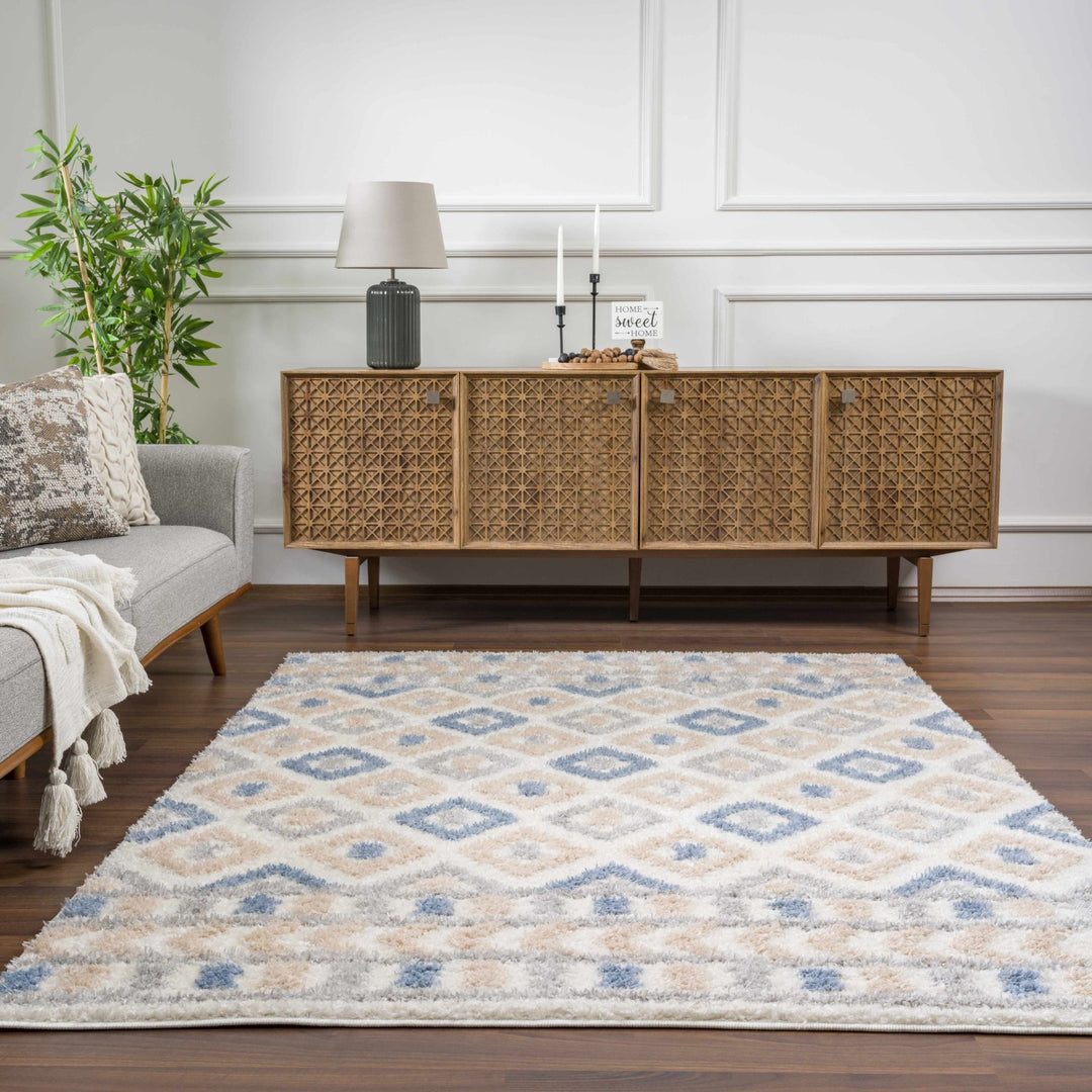 Eivin Modern Geometrical Design Beige And Blue Area Rug - The Rug Decor