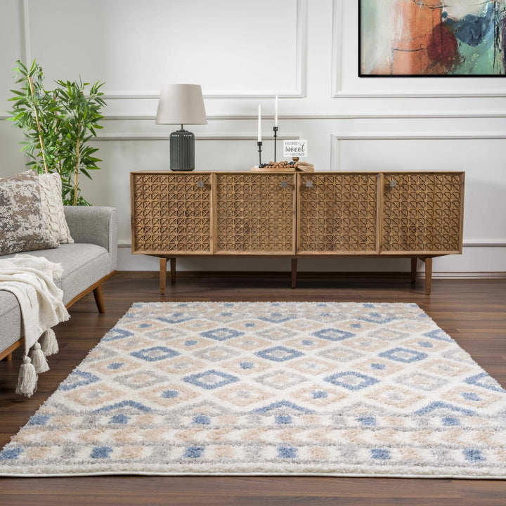 Eivin Modern Geometrical Design Beige And Blue Area Rug - The Rug Decor