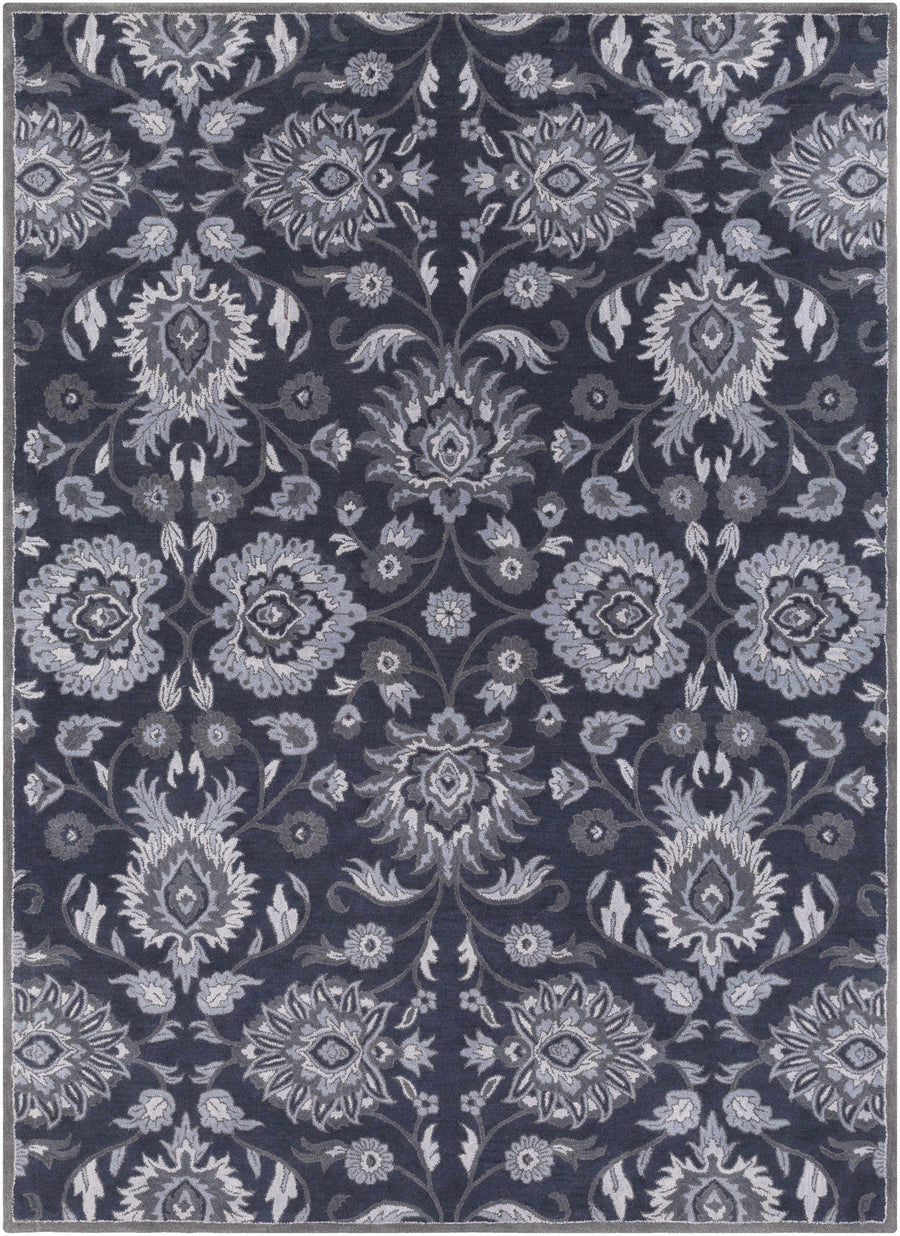 Charcoal traditional floral hand-tufted wool area rug with light decorative medallions.