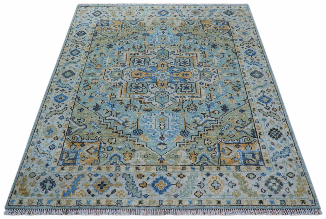 Ellie Blue And Beige Turkish Design Hand Knotted Wool Rug - The Rug Decor