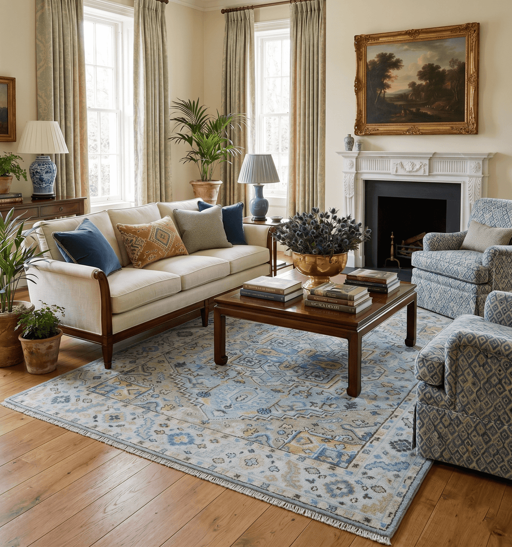 Ellie Blue And Beige Turkish Design Hand Knotted Wool Rug - The Rug Decor