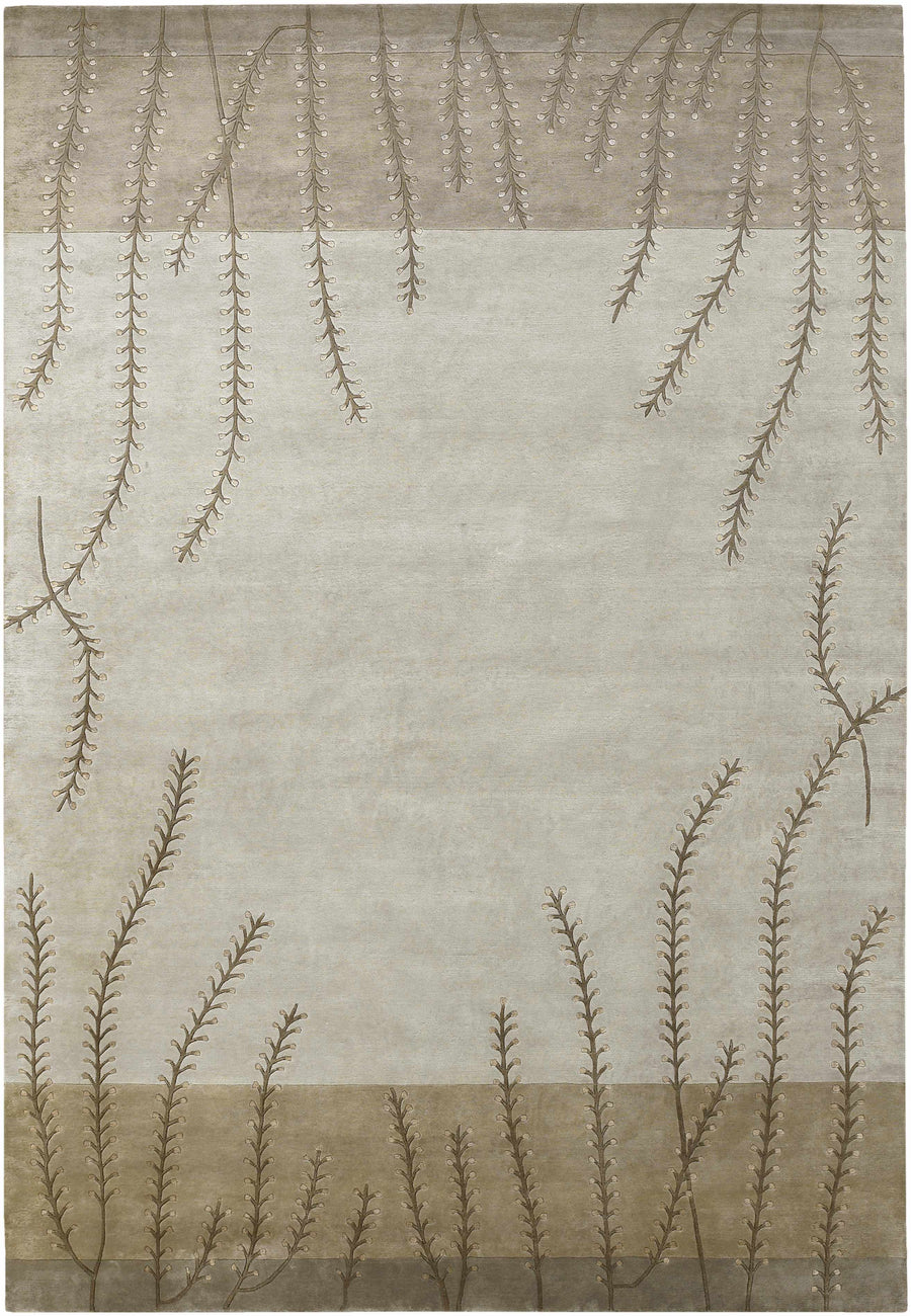 Emmons modern hand-knotted wool area rug, beige with brown leafy pattern