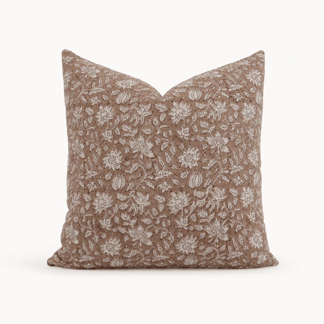 Estelle Hand-Block Print Floral Pillow Cover – Dusty Rose Linen - The Rug Decor