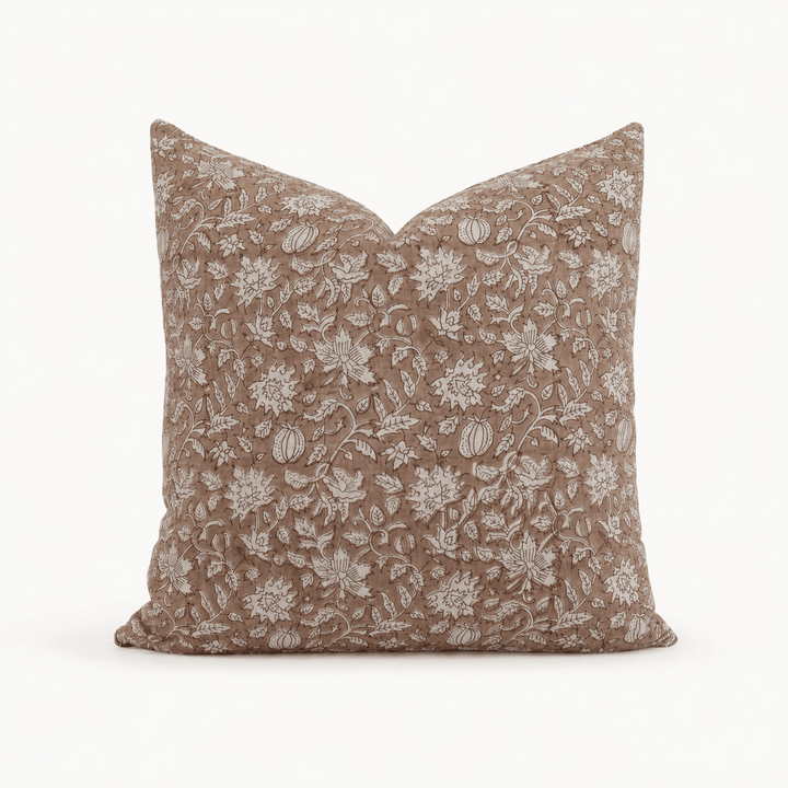 Estelle Hand-Block Print Floral Pillow Cover – Dusty Rose Linen - The Rug Decor