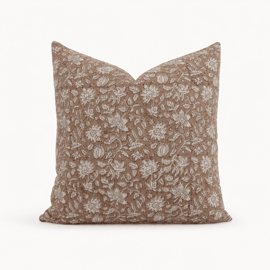 Estelle Hand-Block Print Floral Pillow Cover – Dusty Rose Linen - The Rug Decor