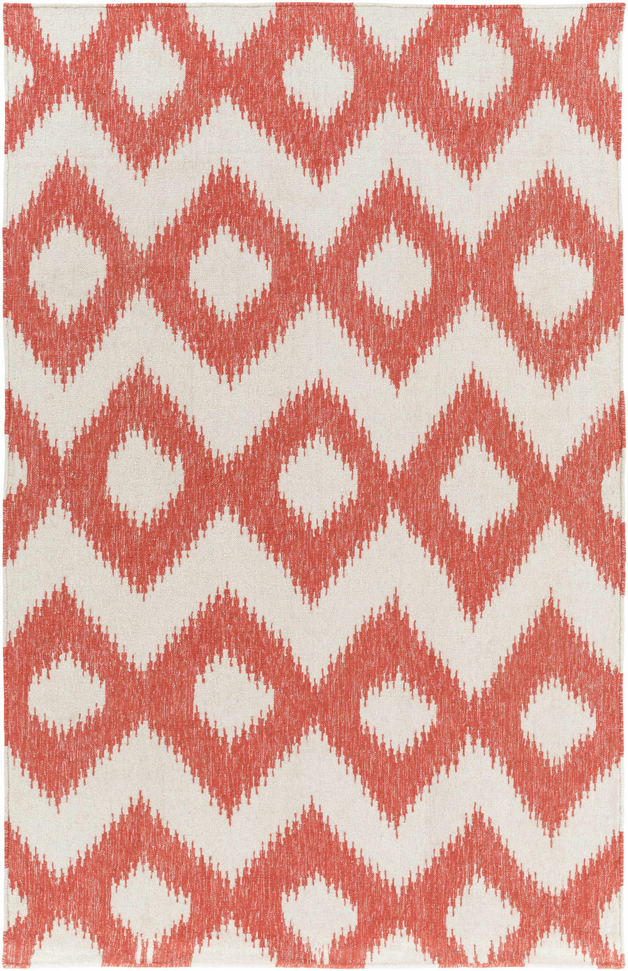 Red and white wool rug with repeating diamond and chevron pattern