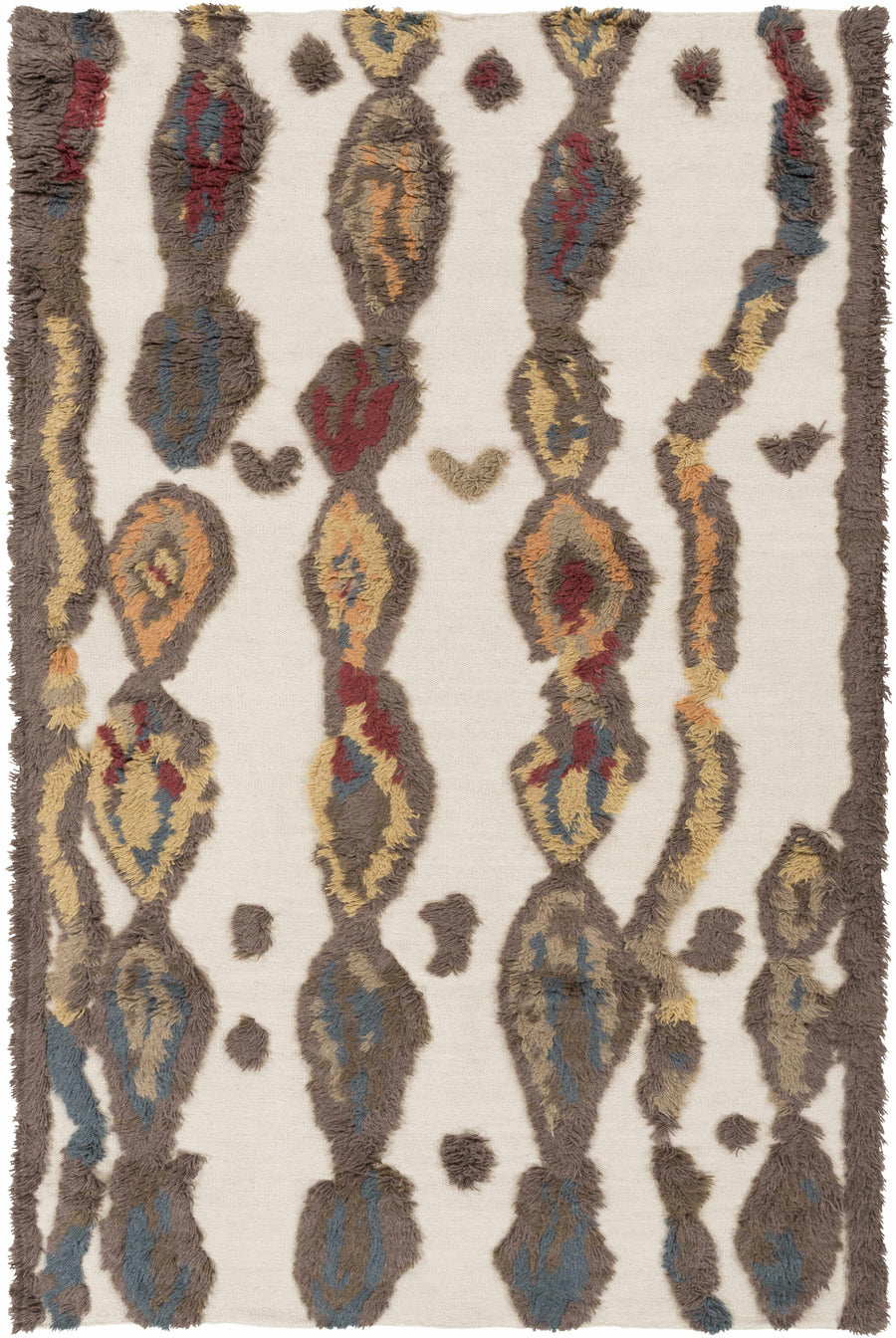 Ivory hand-woven rectangle carpet with multicolor abstract pattern and fringed edges