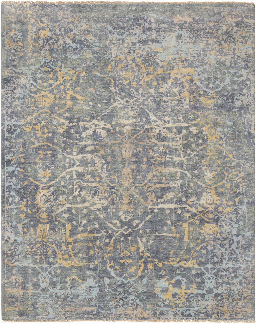 Transitional area rug with light blue-gray distressed pattern and subtle gold accents