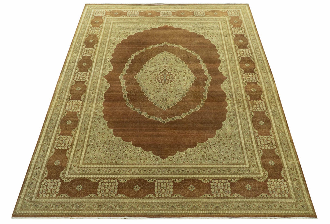 Fine Antique Knotted Traditional Tabriz Brown And Beige Wool Area Rug - The Rug Decor