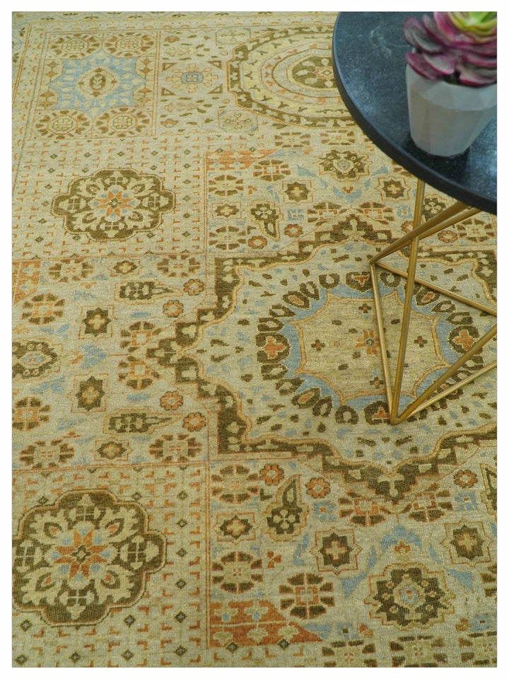 Fine Blue And Beige Traditional Mamluk Design Hand Knotted 8x10 Wool Area Rug - The Rug Decor