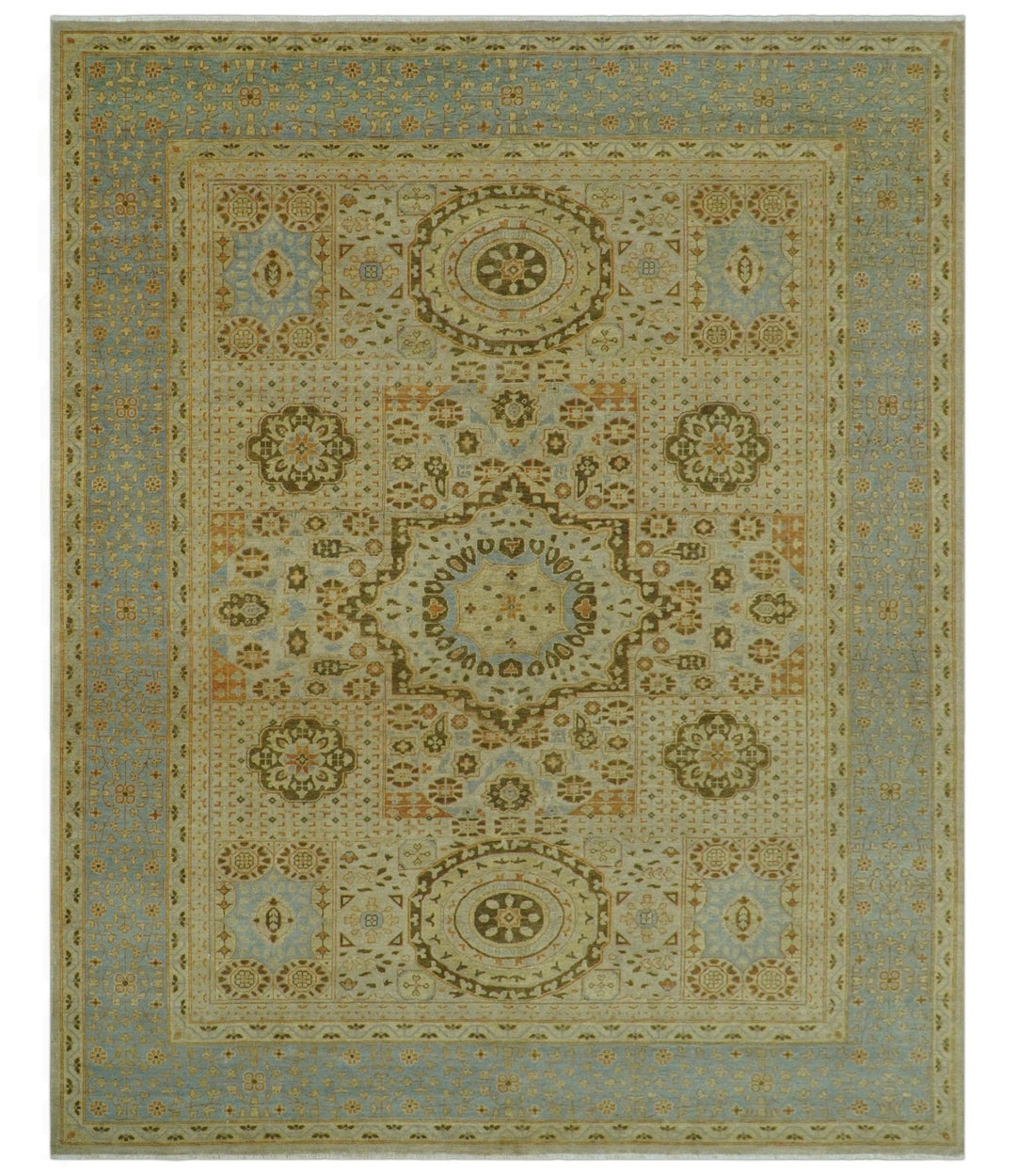 Fine Blue And Beige Traditional Mamluk Design Hand Knotted 8x10 Wool Area Rug - The Rug Decor