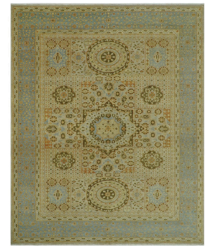 Fine Blue And Beige Traditional Mamluk Design Hand Knotted 8x10 Wool Area Rug - The Rug Decor