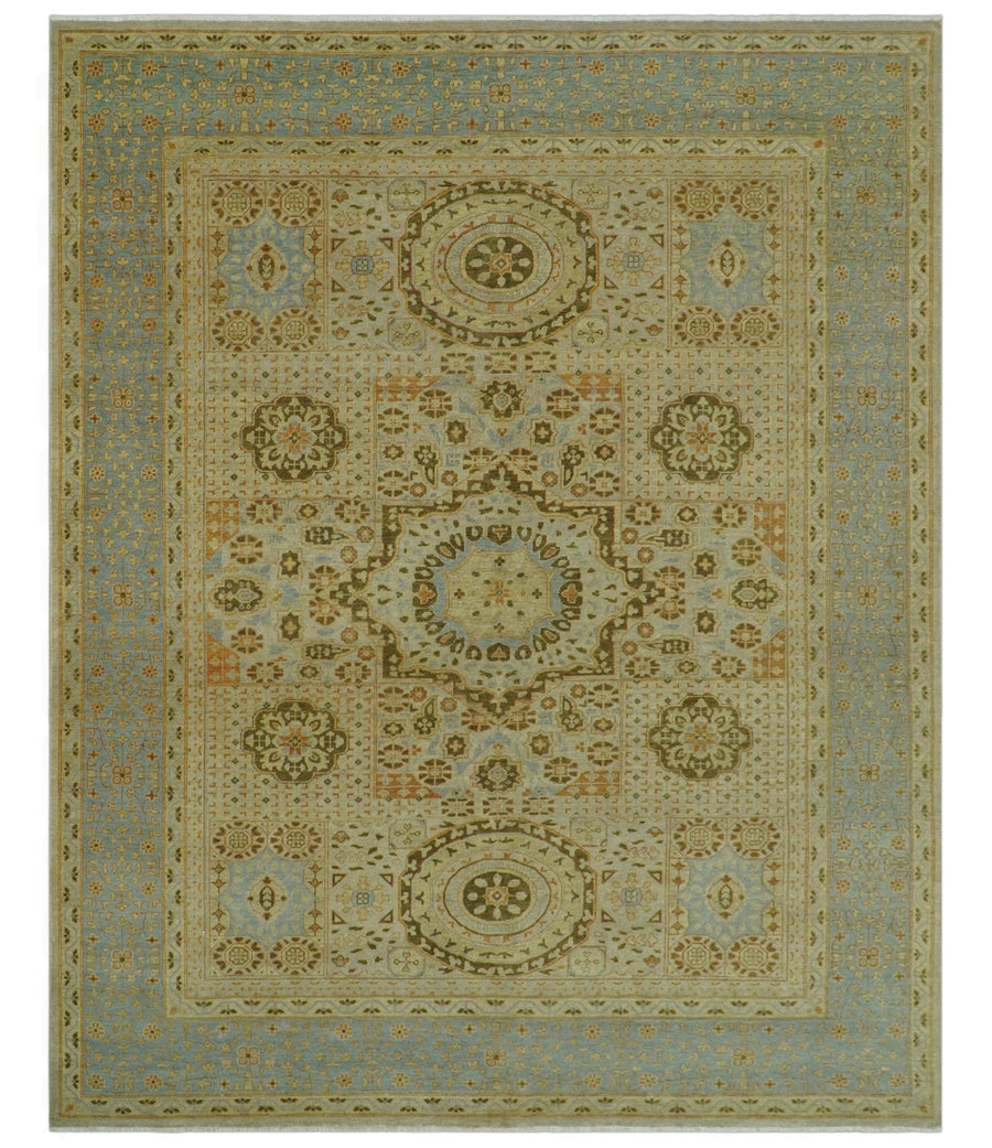 Fine Blue And Beige Traditional Mamluk Design Hand Knotted 8x10 Wool Area Rug - The Rug Decor