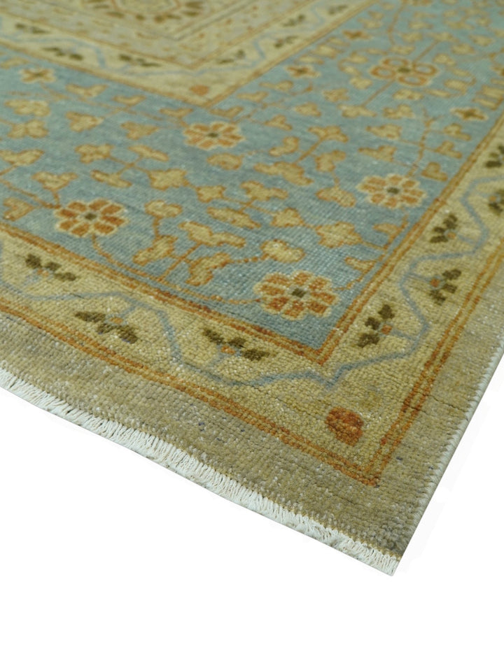 Fine Blue And Beige Traditional Mamluk Design Hand Knotted 8x10 Wool Area Rug - The Rug Decor