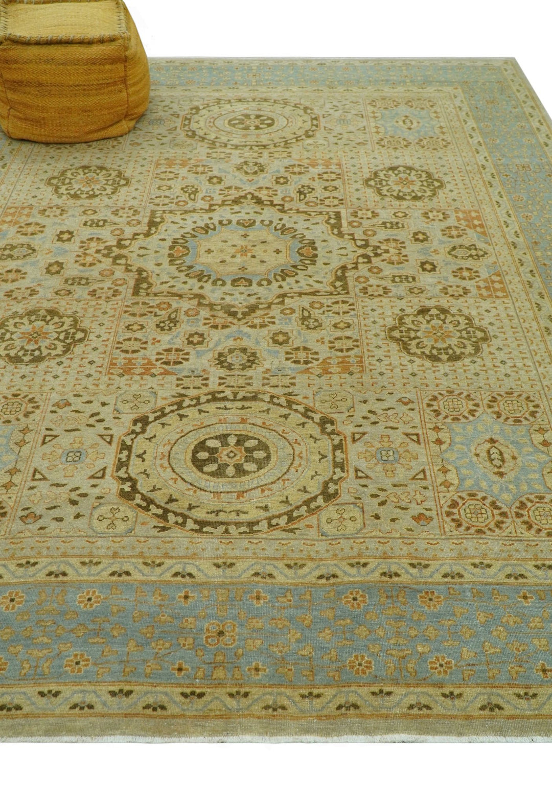Fine Blue And Beige Traditional Mamluk Design Hand Knotted 8x10 Wool Area Rug - The Rug Decor