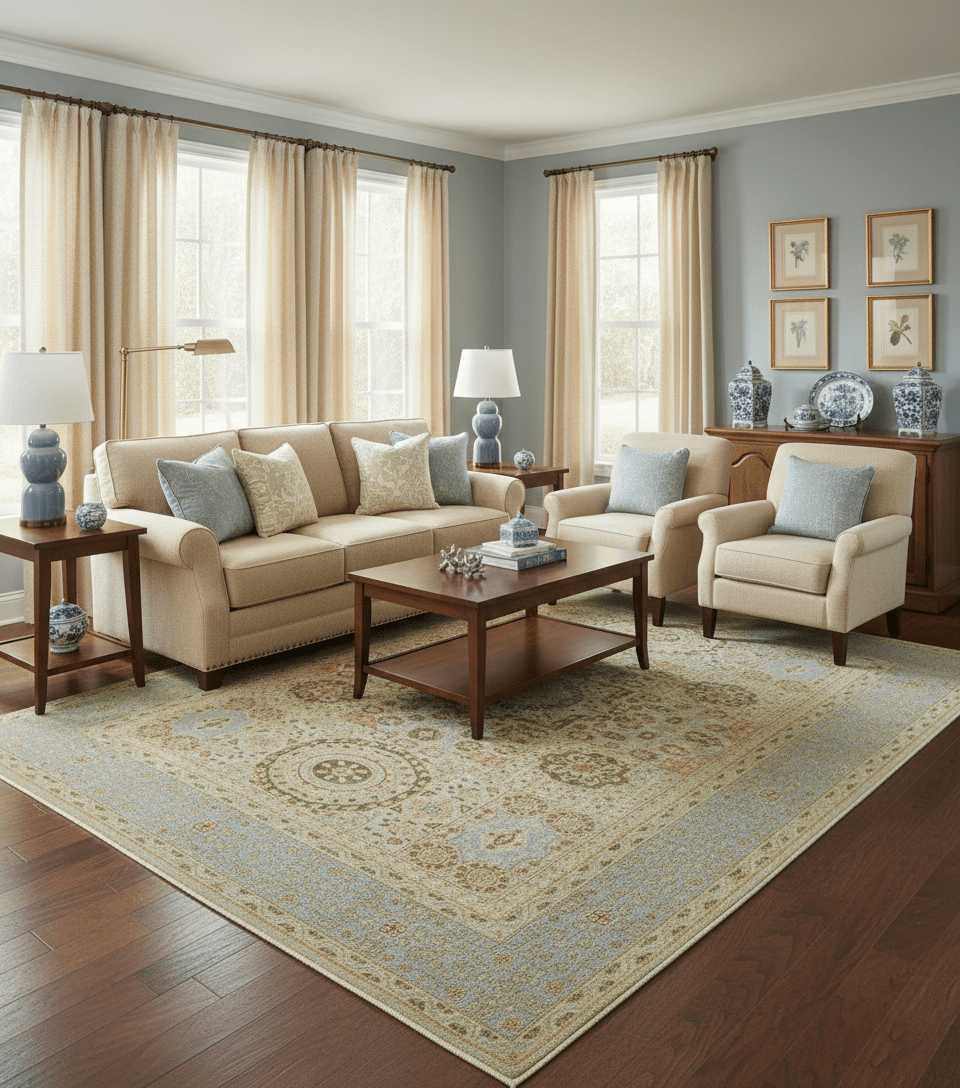 Fine Blue And Beige Traditional Mamluk Design Hand Knotted 8x10 Wool Area Rug - The Rug Decor