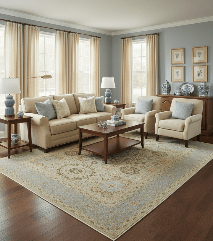 Fine Blue And Beige Traditional Mamluk Design Hand Knotted 8x10 Wool Area Rug - The Rug Decor