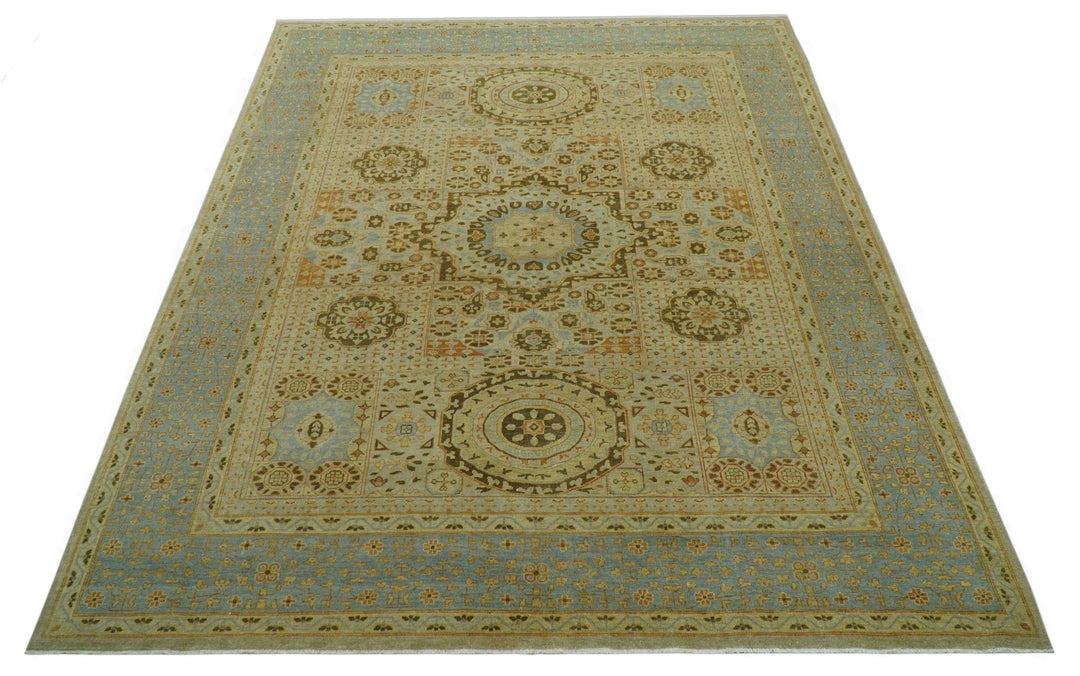 Fine Blue And Beige Traditional Mamluk Design Hand Knotted 8x10 Wool Area Rug - The Rug Decor