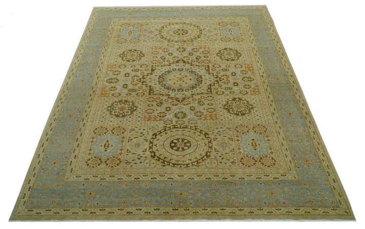 Fine Blue And Beige Traditional Mamluk Design Hand Knotted 8x10 Wool Area Rug - The Rug Decor