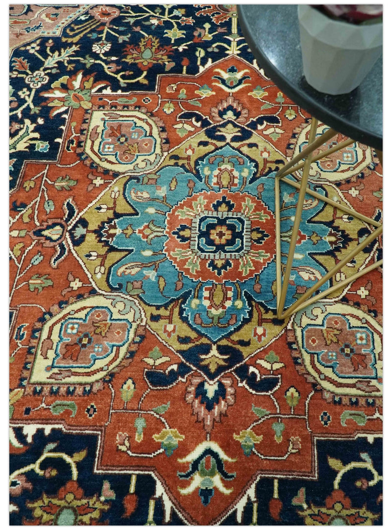 Fine Hand Knotted Rust and Blue Traditional Heriz Medallion 8x10 wool area rug - The Rug Decor