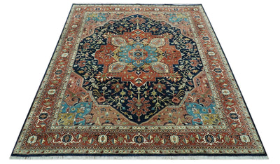 Fine Hand Knotted Rust and Blue Traditional Heriz Medallion 8x10 wool area rug - The Rug Decor