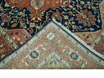 Fine Hand Knotted Rust and Blue Traditional Heriz Medallion 8x10 wool area rug - The Rug Decor