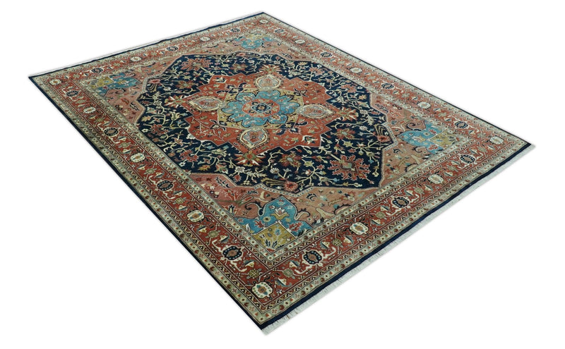 Fine Hand Knotted Rust and Blue Traditional Heriz Medallion 8x10 wool area rug - The Rug Decor