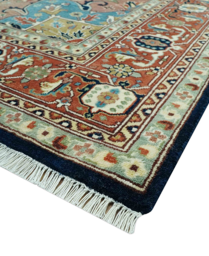 Fine Hand Knotted Rust and Blue Traditional Heriz Medallion 8x10 wool area rug - The Rug Decor