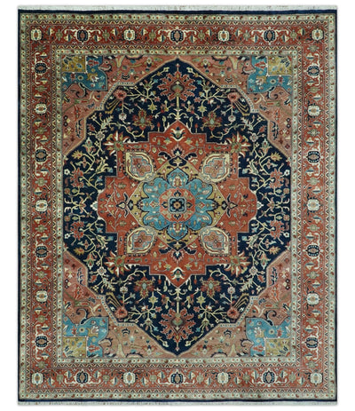 Fine Hand Knotted Rust and Blue Traditional Heriz Medallion 8x10 wool area rug - The Rug Decor