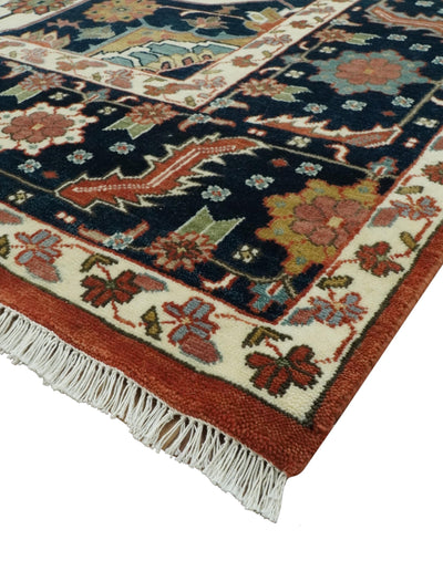 Fine Hand Knotted Rust, Ivory and Blue Floral Traditional Heriz 9x12 wool area rug - The Rug Decor