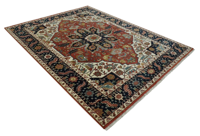 Fine Hand Knotted Rust, Ivory and Blue Floral Traditional Heriz 9x12 wool area rug - The Rug Decor