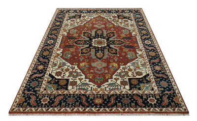 Fine Hand Knotted Rust, Ivory and Blue Floral Traditional Heriz 9x12 wool area rug - The Rug Decor