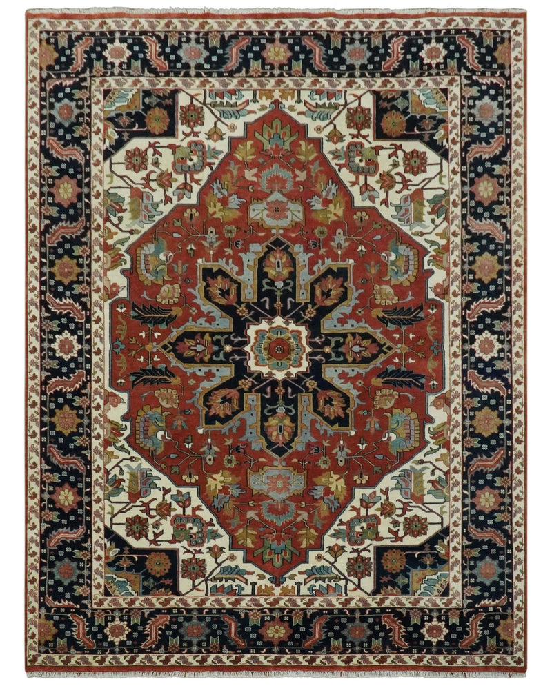 Fine Hand Knotted Rust, Ivory and Blue Floral Traditional Heriz 9x12 wool area rug - The Rug Decor