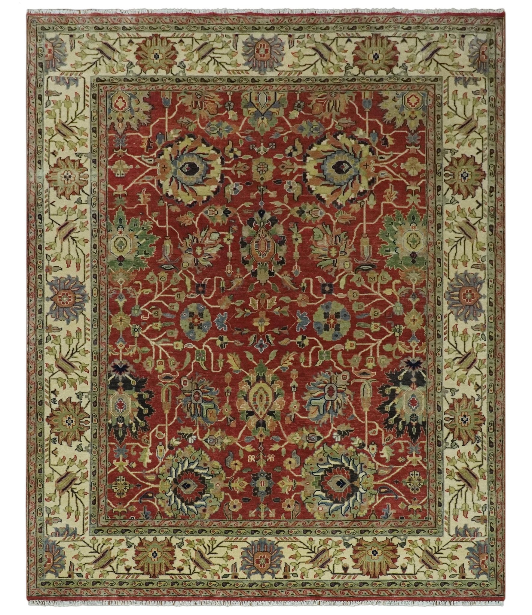 Fine Hand Knotted Rust, Olive and Beige Traditional Serapi wool rug ...
