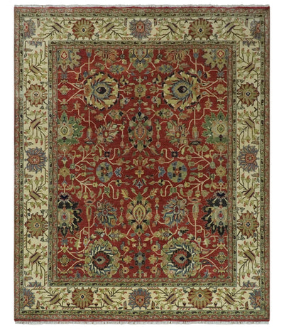 Fine Hand Knotted Vintage Style 8x10 Rust, Olive and Beige Traditional Serapi wool rug - The Rug Decor