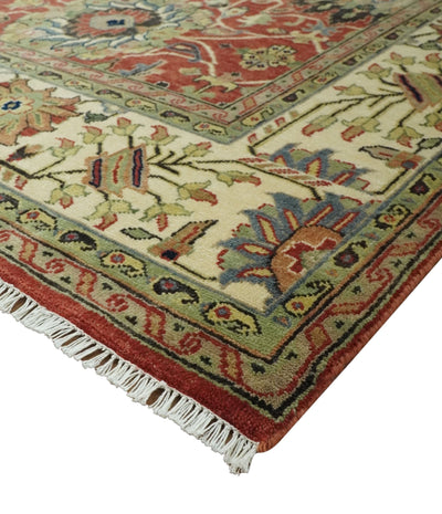 Fine Hand Knotted Vintage Style 8x10 Rust, Olive and Beige Traditional Serapi wool rug - The Rug Decor