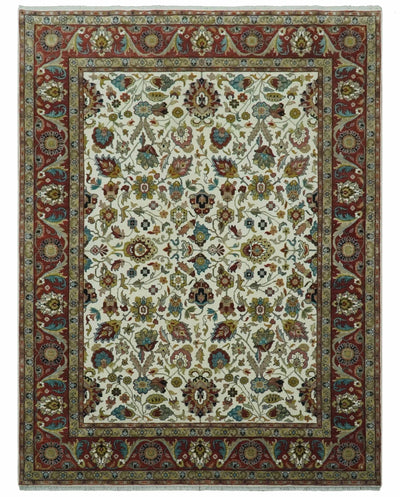 Fine Knots Ivory and Brown 8x10 and 9x12 Hand knotted Traditional Floral Wool Area Rug - The Rug Decor