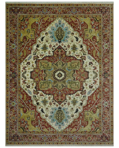 Fine Knots Red, Ivory and Olive 8x10 Hand knotted Traditional Wool Area Rug, - The Rug Decor