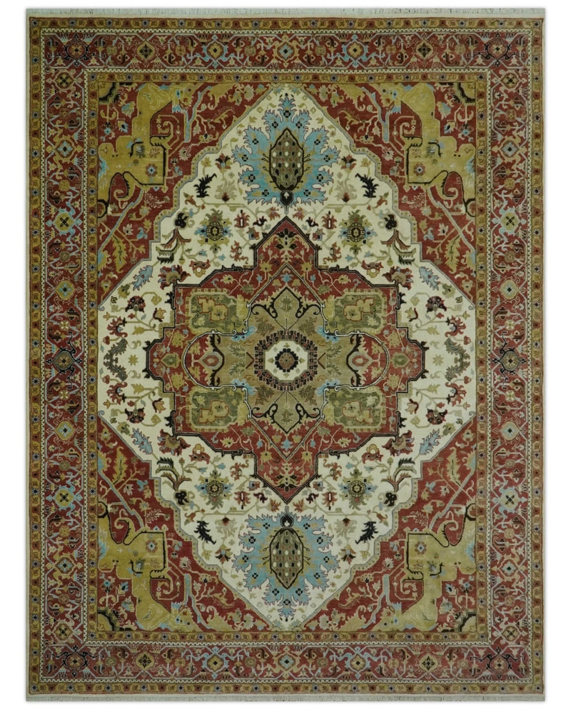 Fine Knots Red, Ivory and Olive 8x10 Hand knotted Traditional Wool Area Rug, - The Rug Decor