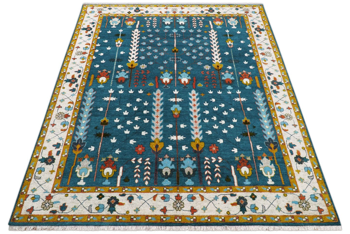 Fine Teal And Ivory Traditional Tree of life Hand Knotted Wool Rug - The Rug Decor