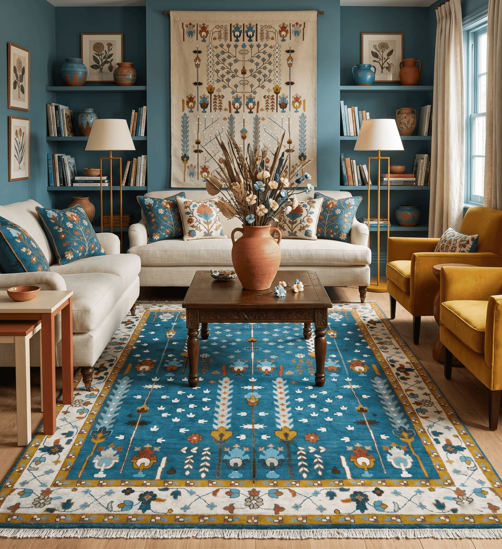Fine Teal And Ivory Traditional Tree of life Hand Knotted Wool Rug - The Rug Decor