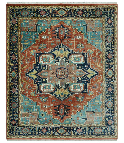 Fine Traditional Floral Hand knotted Brown, Aqua and Black 8x10 wool Area Rug - The Rug Decor