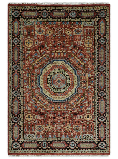 Fine Wool Hand Knotted Kazak Medallion Red and Black Traditional Rug - The Rug Decor