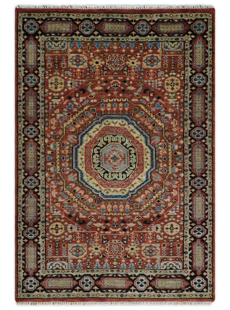 Fine Wool Hand Knotted Kazak Medallion Red and Black Traditional Rug - The Rug Decor