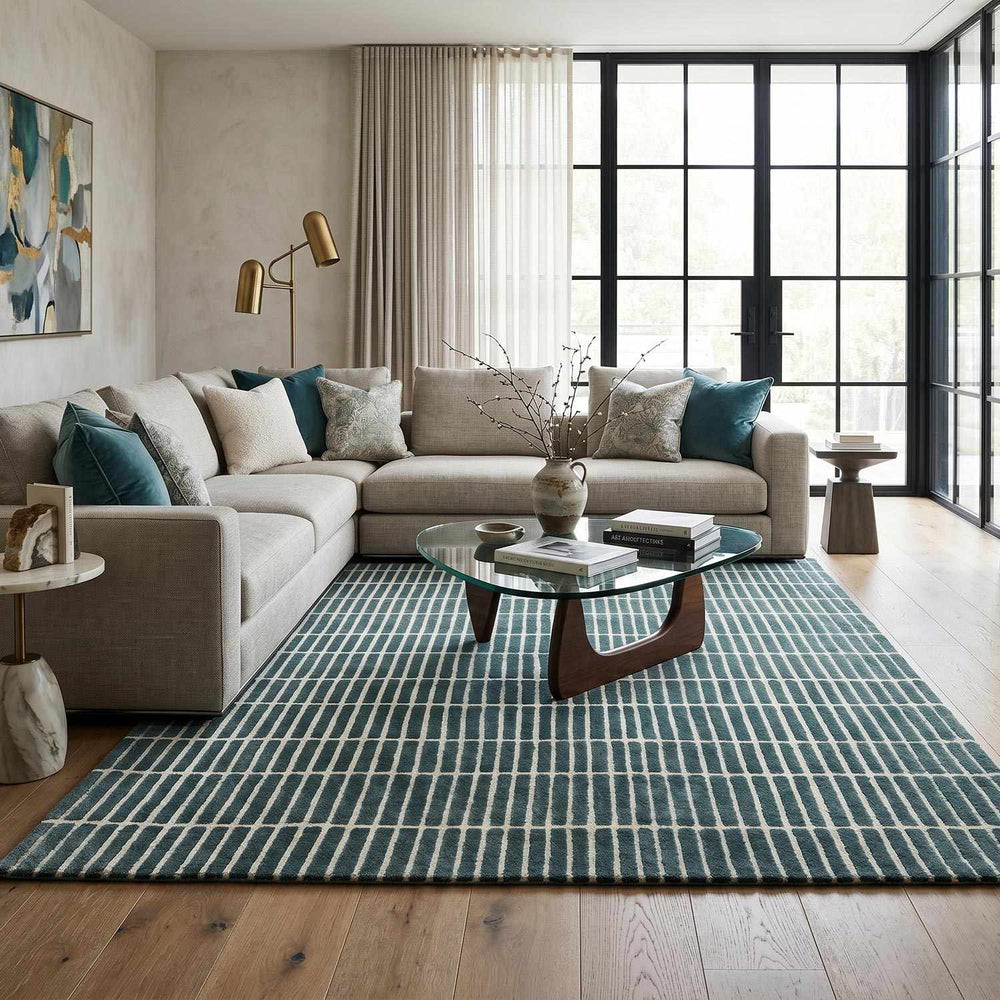 Finial Blue Modern Stripes Design Hand Tufted Wool Area Rug - The Rug Decor