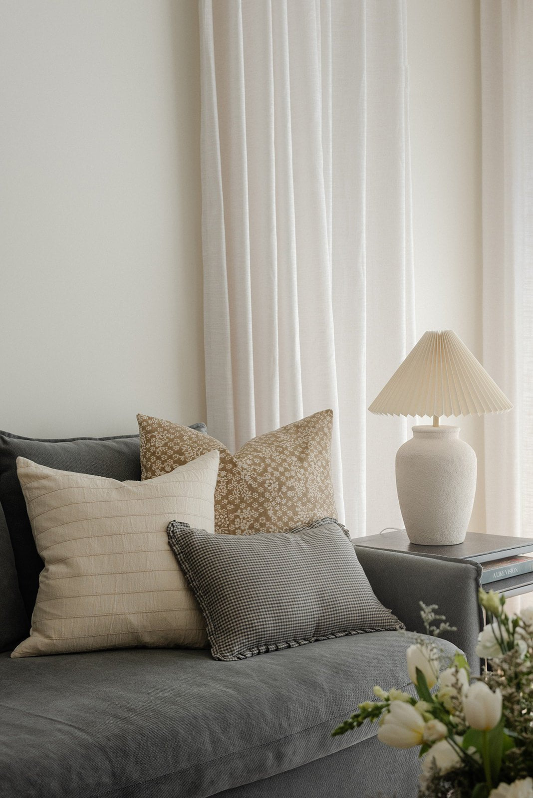 Finn Gray Gingham Ruffle Lumbar Pillow Cover - The Rug Decor