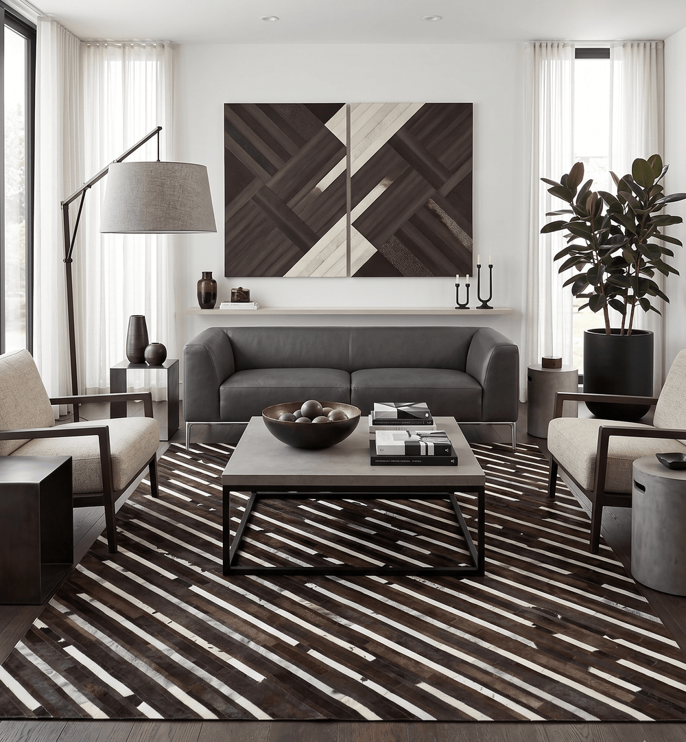Flatweave Hairon Genuine Leather 5x8, 8x10 and 9x12 Brown Tan and Ivory Area Rug - The Rug Decor