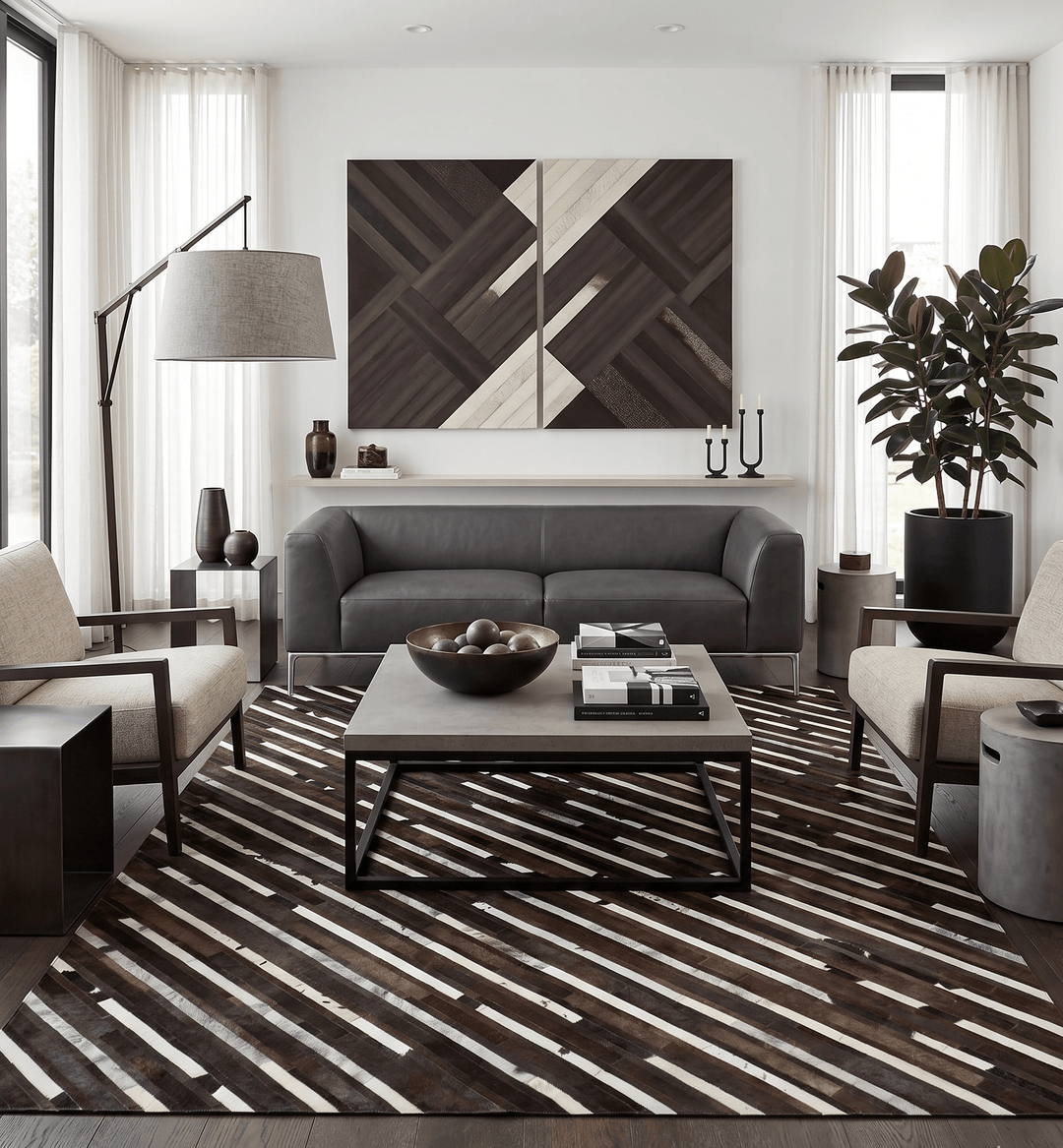 Flatweave Hairon Genuine Leather 5x8, 8x10 and 9x12 Brown Tan and Ivory Area Rug - The Rug Decor