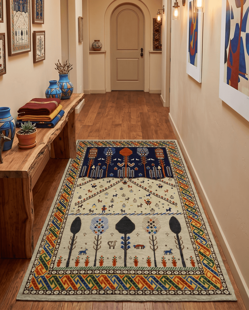 Flatwoven Weave 5x7 Beige and Blue Tribal Wool Hand Woven Southwestern Gabbeh Rug - The Rug Decor